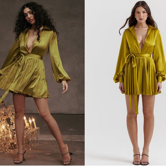 HOUSE OF CB 'Allegra' Chartreuse Pleated Shirt Dress NWOT - Picture 2 of 7